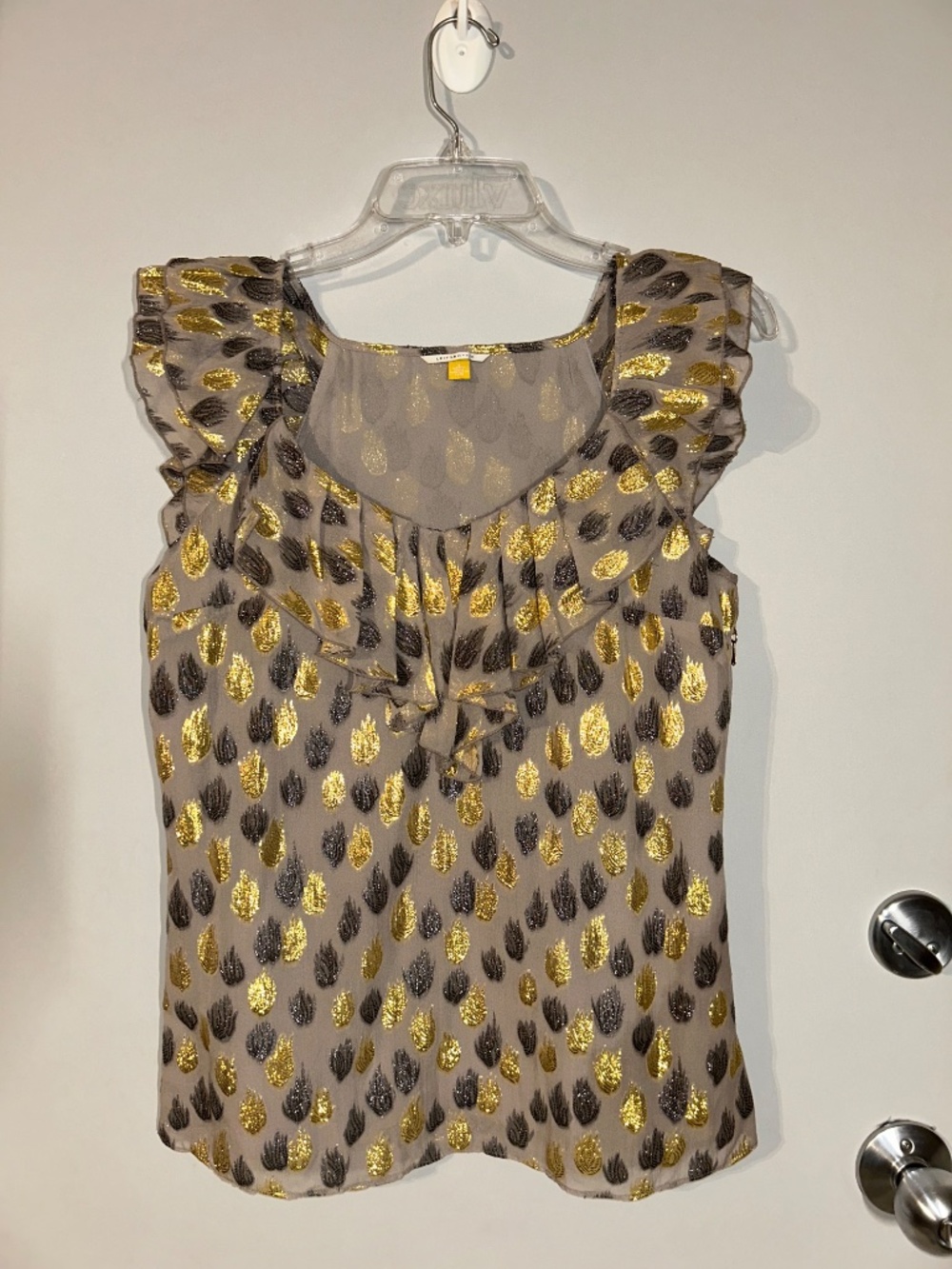 Anthropologie Women's Silk blouse, top, Gold + Grey Lamé ruffle, Leifsdottir 2
